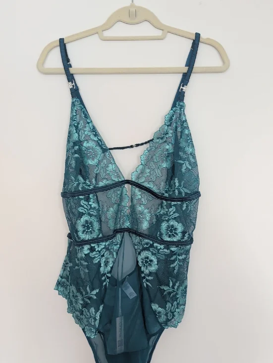 Adore Me Teal Floral Lace Plunge Teddy - Picture 1 of 7